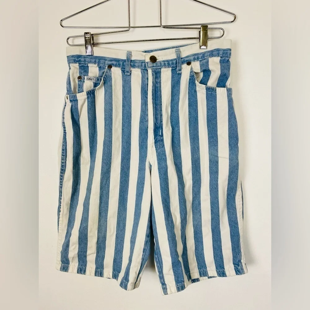 Vintage Chic High Waisted Mom Shorts, 1990s Striped Denim Shorts, Modest Shorts
